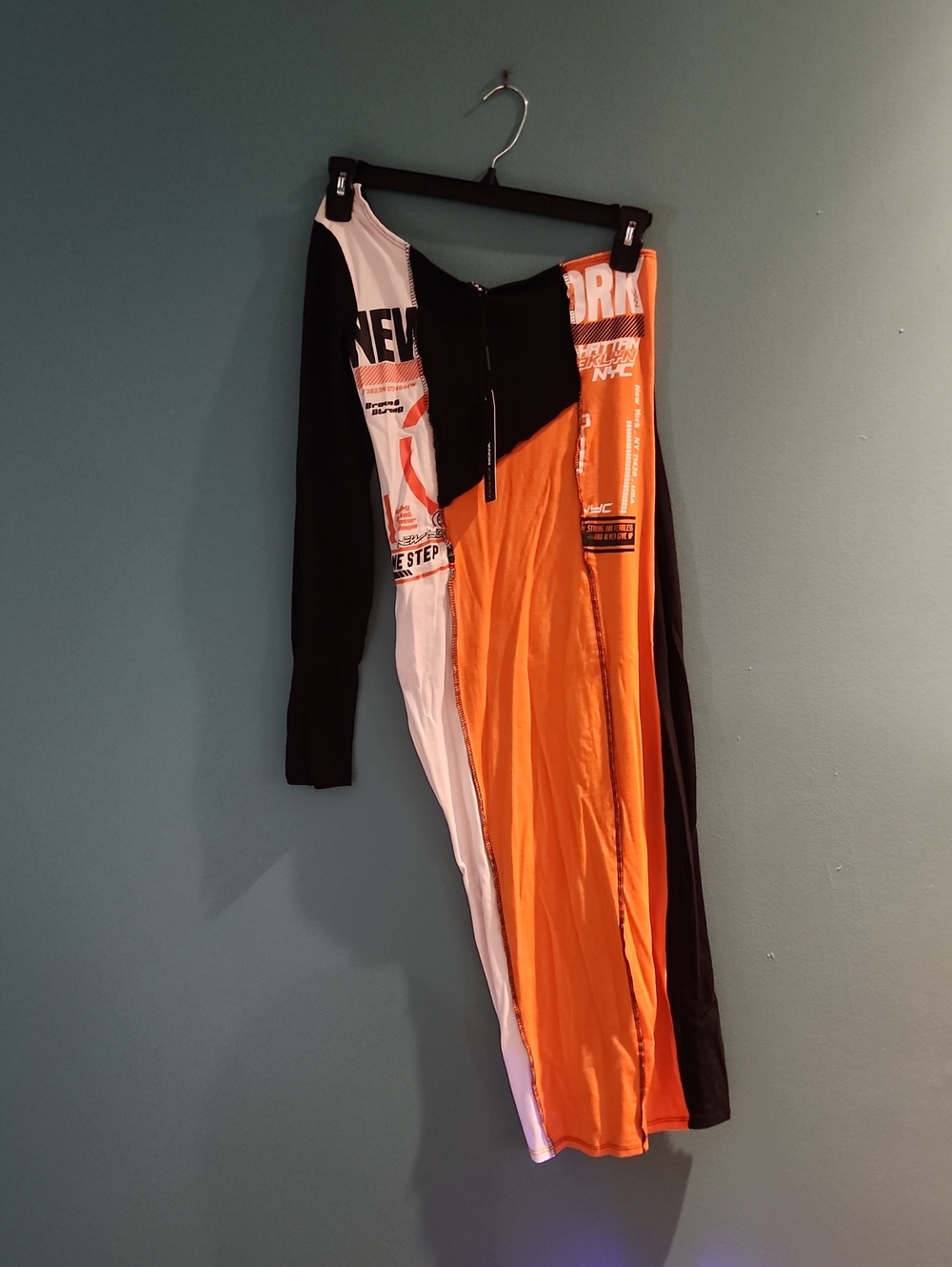Asymmetrical One-Shoulder Dress with Graphic Panels in Orange, Black & White